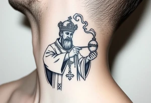 Russian Orthodox Priest in fully detailed vestment swinging a censer with smoke curling upward tattoo idea