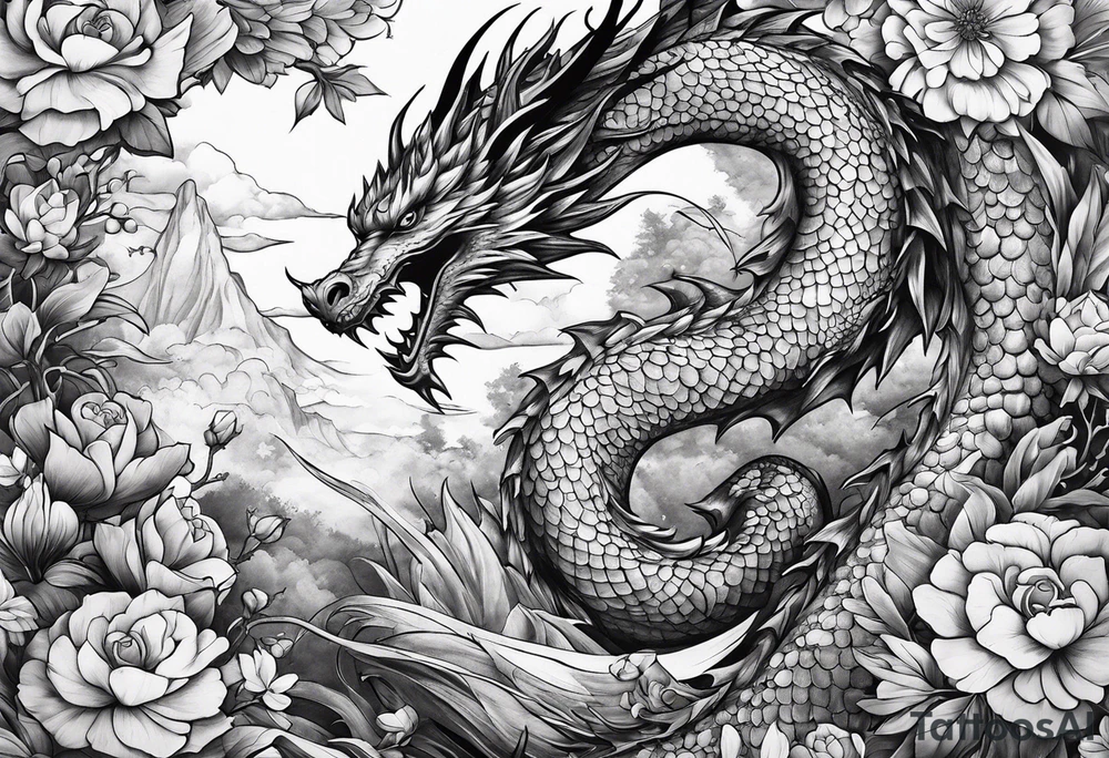 fairy and a dragon in the background tattoo idea
