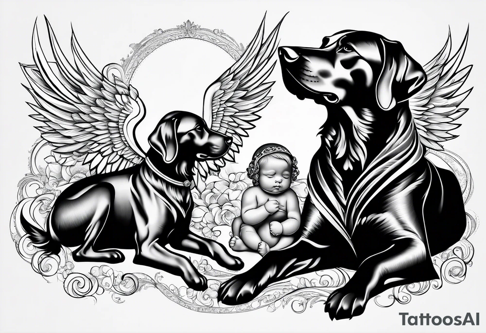 Black dog guarding human infants (the infants are angels) tattoo idea