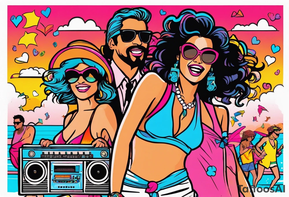 1980's miami vice style beach dance 
party, include confetti, music notes, boom box, bikinis sunset in the center tattoo idea