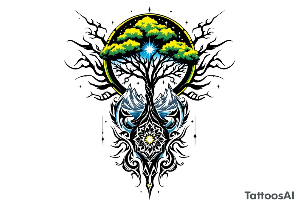 tattoo that has an acacia tree with mountains, ocean with a ship wreck with sharks and the bright northern star tattoo idea