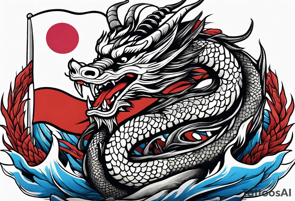 Asian dragon coiling around an anchor with the Korean flag in the background tattoo idea