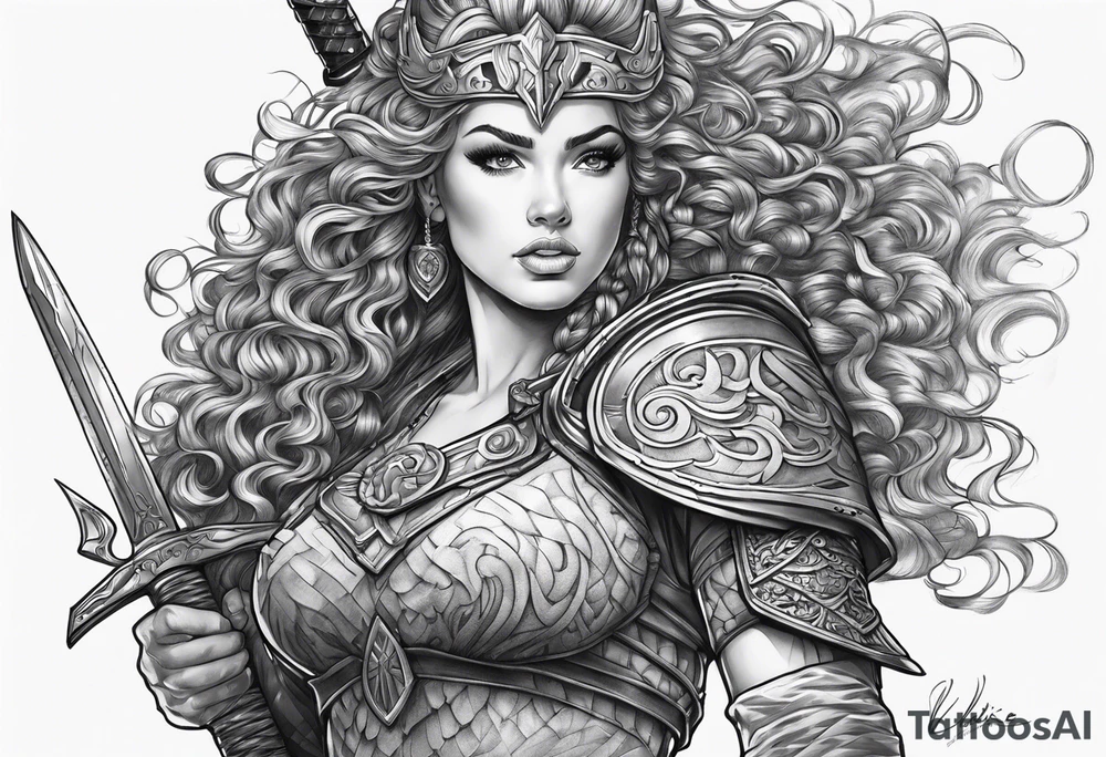 valkyrie curly hair half with sword sleeve arm tattoo idea