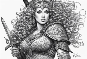 valkyrie curly hair half with sword sleeve arm tattoo idea