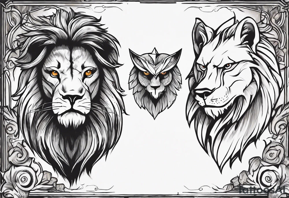 A lion looking forward, with a stern expression. Behind and to the left of the lion, is a wolf looking slightly to the left, with a stern expression. Behind and to the right of the lion, is an owl looking slightly to the right, with a stern expression. tattoo idea