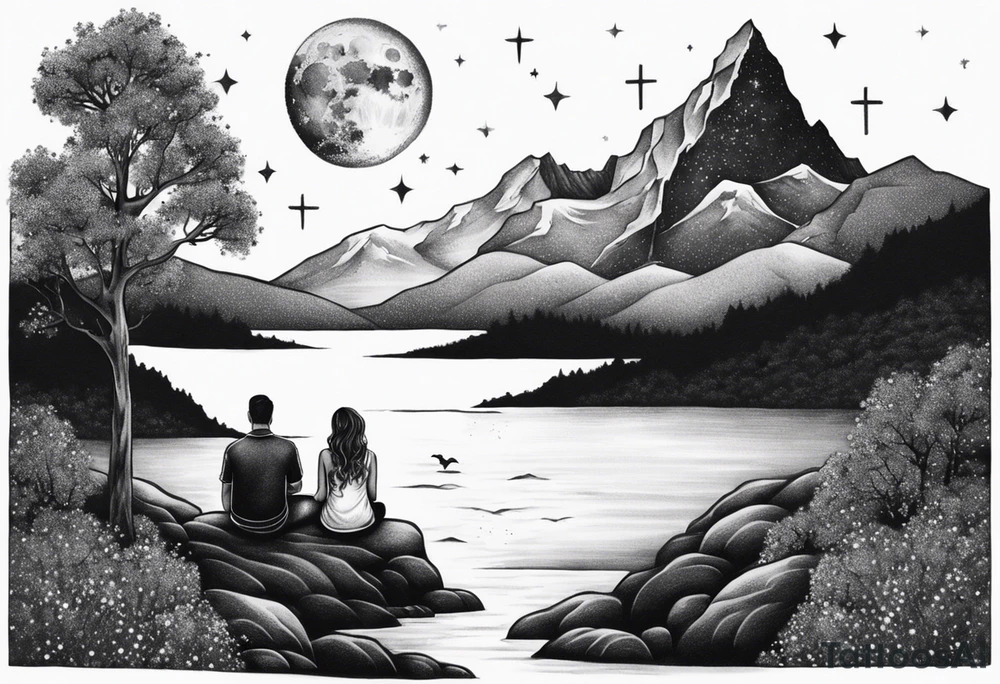 a family of three sitting in a nature with mountains, waterfall, water, and a cross in the background and and moon in the sky with stars tattoo idea