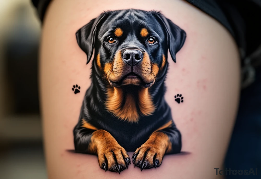 Rottweiler with Puppy Paws – A touching design of a large Rottweiler with tiny paw prints around or beneath it, symbolizing loyalty or family. Black and tan fur with faded paw detail. tattoo idea