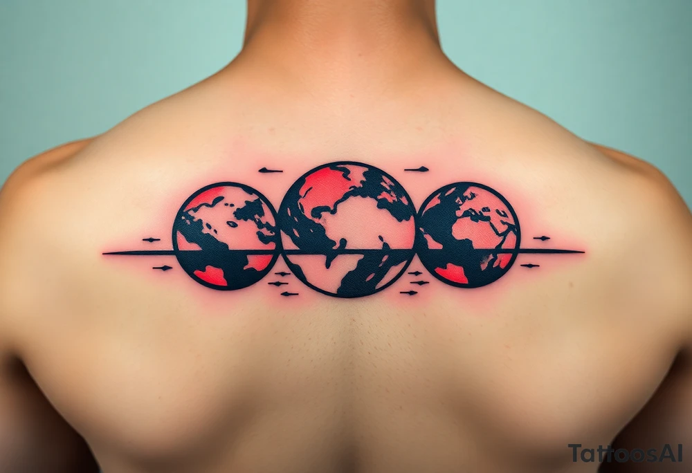 three horizontal planets. Color Black and red with more black tattoo idea