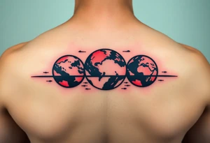 three horizontal planets. Color Black and red with more black tattoo idea