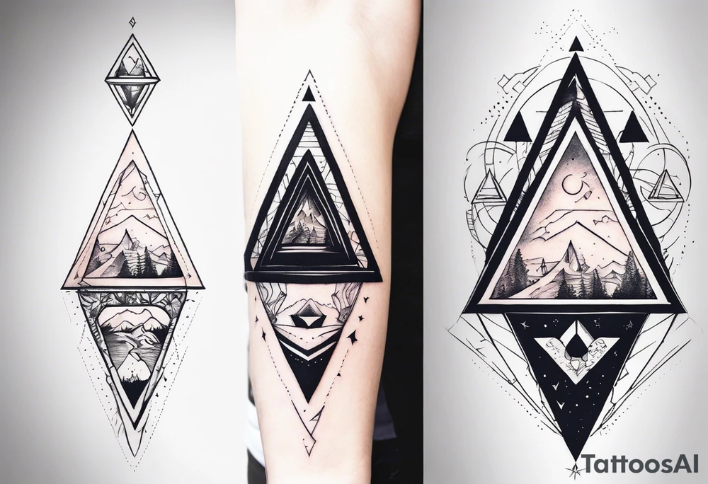 multiple small triangle portals to fantasy world, forearm tattoo tattoo idea