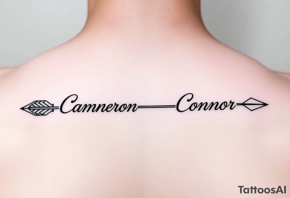 two feminine fine line bow arrows one with the name Cameron and the other with the name Connor tattoo idea
