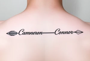 two feminine fine line bow arrows one with the name Cameron and the other with the name Connor tattoo idea