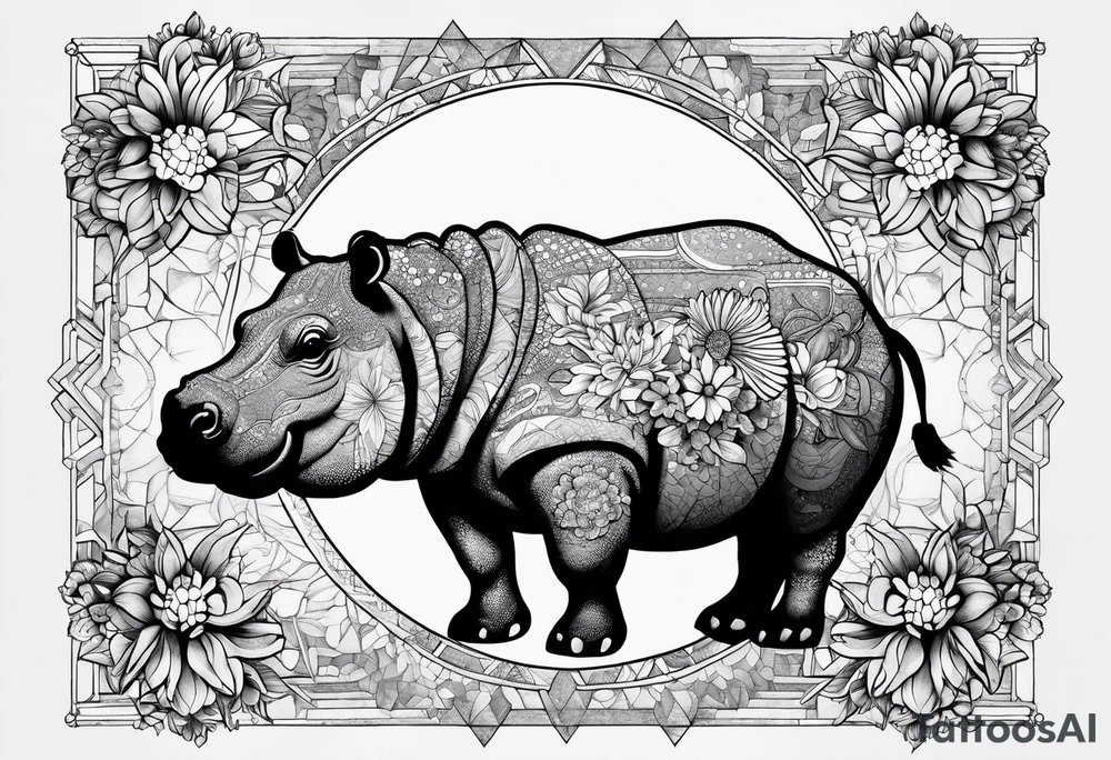 Hippo, flowers, moon, fine lines, tribal, geometric tattoo idea