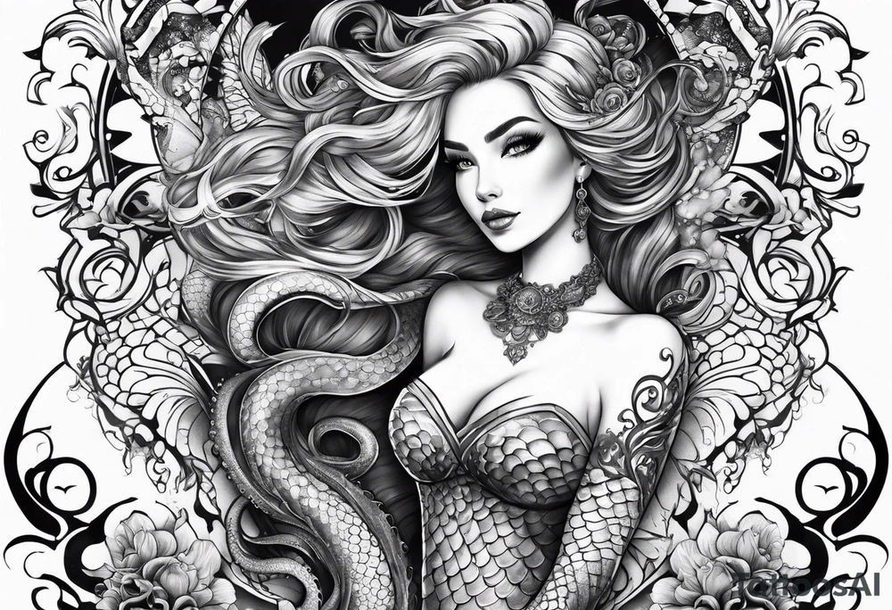 Leg sleeve with mermaid and octopus tattoo idea