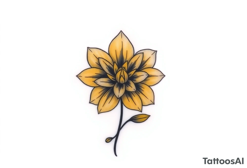 A minimalist flower tattoo that represents a shattered and betrayed gemini woman who fought hard throughout this year. With colors yellow and black. Make it unique and rare tattoo idea