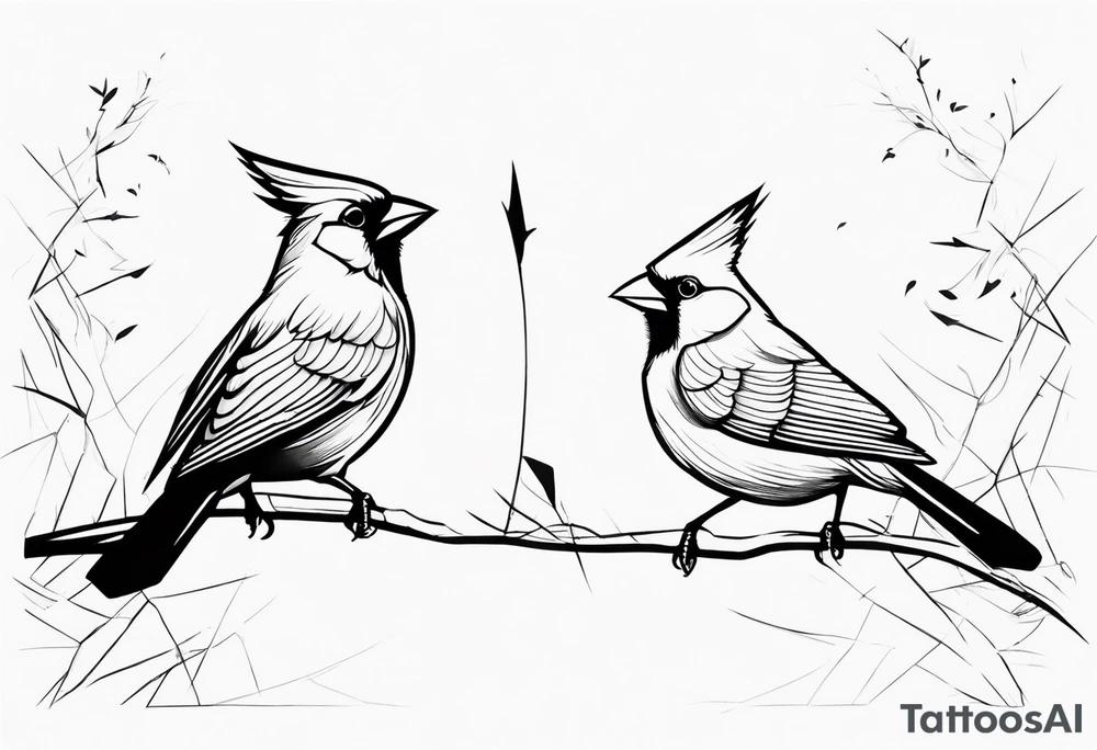 two cardinal birds flying facing eachother one high and one low looking up at the other 
fine line with some shading tattoo idea