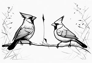two cardinal birds flying facing eachother one high and one low looking up at the other 
fine line with some shading tattoo idea
