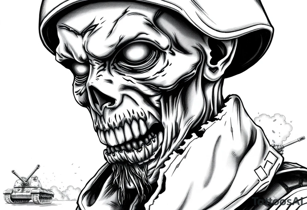 Close-up of a zombie soldier's face, torn uniform, with a tank and explosions in the background. tattoo idea