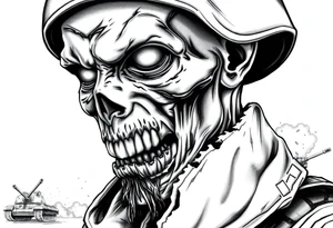 Close-up of a zombie soldier's face, torn uniform, with a tank and explosions in the background. tattoo idea
