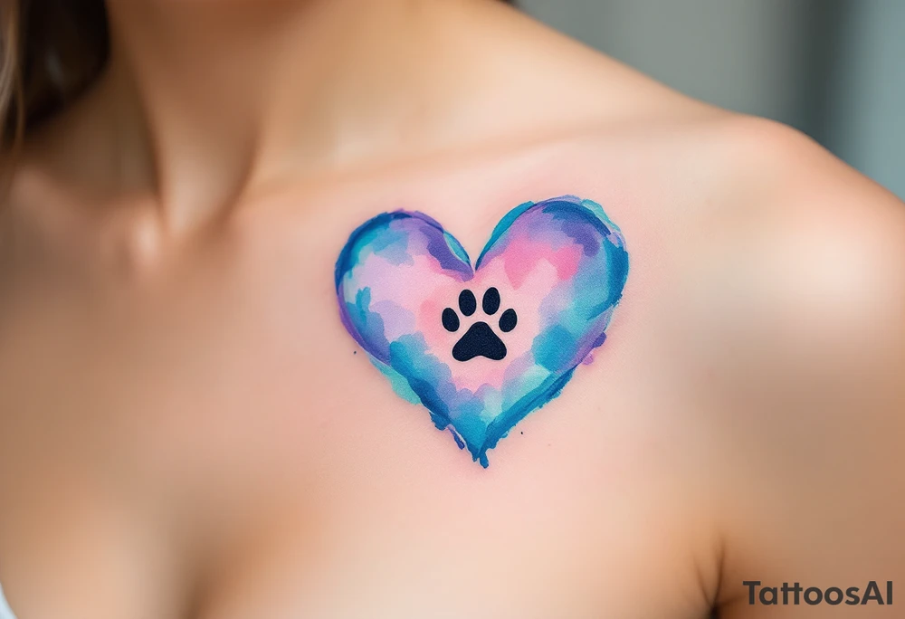 A heart created from soft, flowing watercolor brush strokes in shades of blue, pink, and purple. A small, black paw print sits at the center of the heart, creating a focal point. The watercolor effect radiates outward from the heart, blending seamlessly into the skin. Light Blue, Soft Pink, Purple (for watercolor), Black (for paw print). tattoo idea