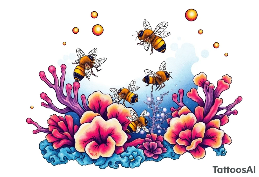Coral reef scene with honey bees swimming tattoo idea