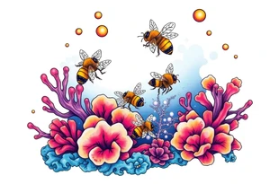 Coral reef scene with honey bees swimming tattoo idea
