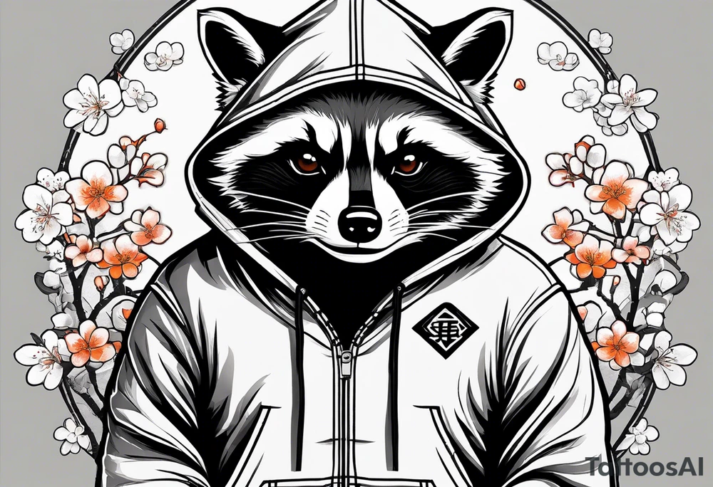 raccoon wearing a Superman hoodie with orange Japanese cherry blossoms tattoo idea