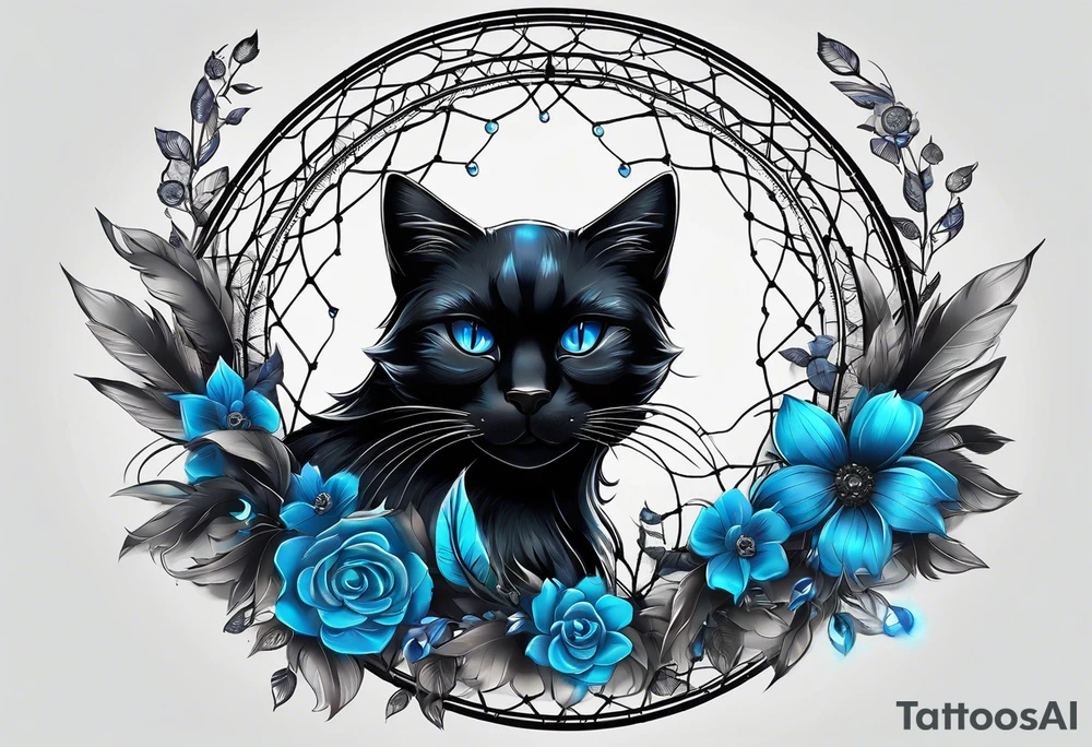 Black cat entwined in a elegant dream catcher that has flowers an long flowing feathers on dream catcher. Black cat eyes in neon blue an small neon blue detail in catcher tattoo idea