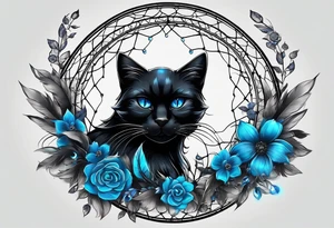 Black cat entwined in a elegant dream catcher that has flowers an long flowing feathers on dream catcher. Black cat eyes in neon blue an small neon blue detail in catcher tattoo idea