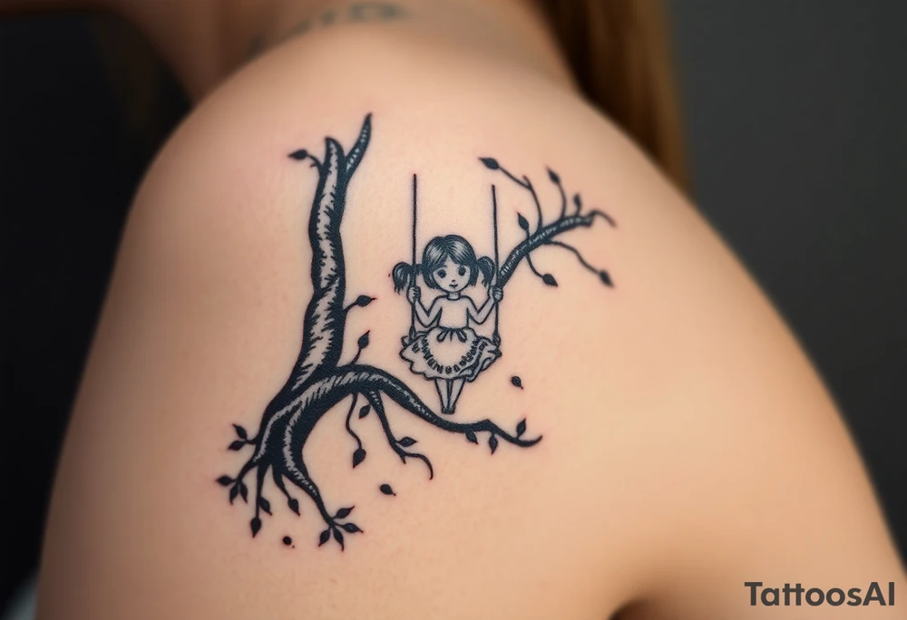 Little girl swinging in a dark scary forest tattoo idea