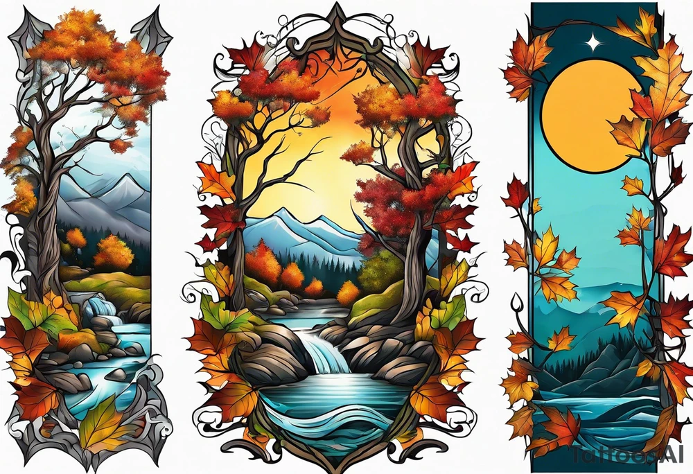 Knee tattoo with fall colors showing leaves, water flow, trees and sky tattoo idea