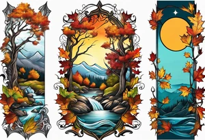 Knee tattoo with fall colors showing leaves, water flow, trees and sky tattoo idea