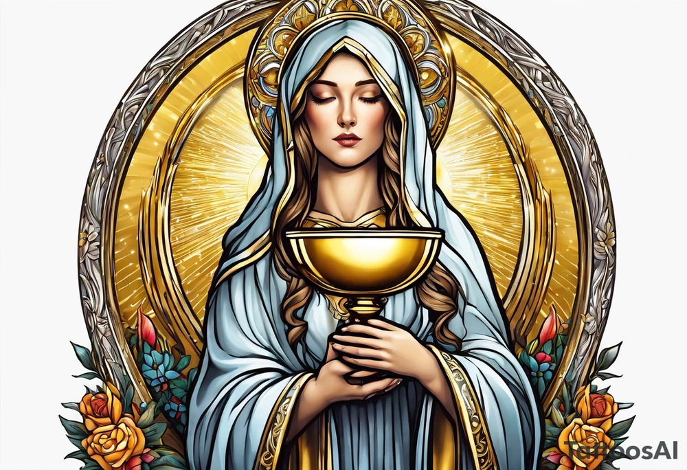 holy saint woman turned away with golden halo holding a chalice tattoo idea