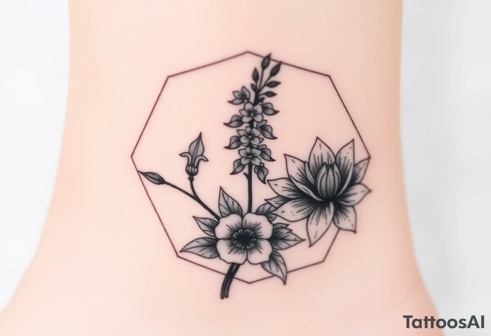 Hexagon Leo larkspurs and water lilies tattoo idea