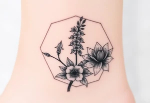 Hexagon Leo larkspurs and water lilies tattoo idea