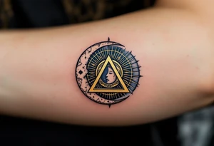 A moon and sun intertwined with a triquetra, in gold and midnight blue tattoo idea
