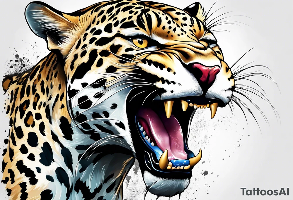 An aggressive jaguar with mouth open tattoo idea