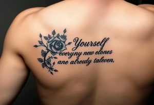 A forearm that has vines and roses with the saying be yourself everyone else is already taken tattoo idea