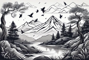 A mountain scape with trees and 5 silhouettes of birds. 2 bigger birds, 3 smaller birds tattoo idea
