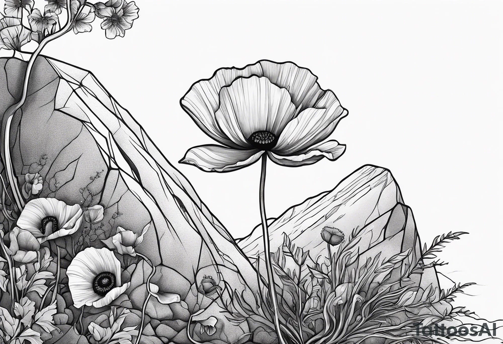 Poppy flower growing from a rock and roots grow down rock tattoo idea