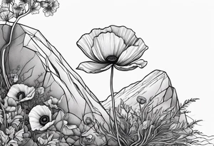 Poppy flower growing from a rock and roots grow down rock tattoo idea