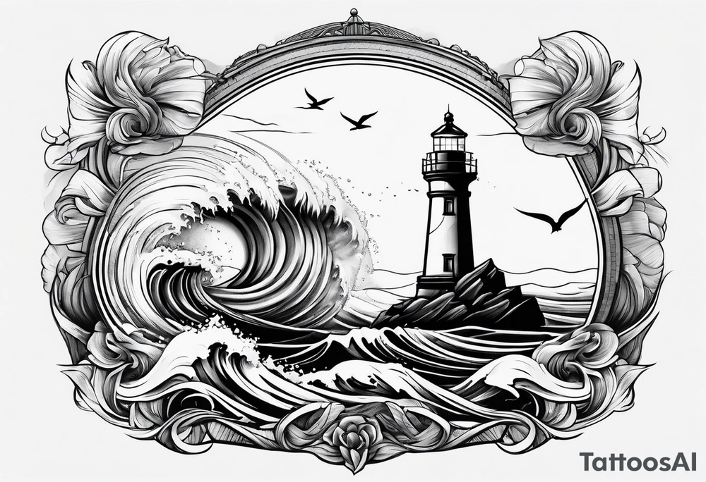 Lighthouse with waves and ship infront tattoo idea