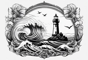 Lighthouse with waves and ship infront tattoo idea