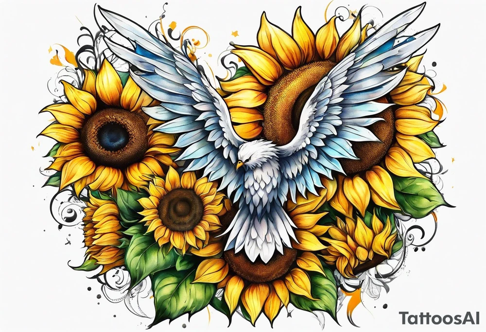Sunflowers and angel wings leg sleeve tattoo idea