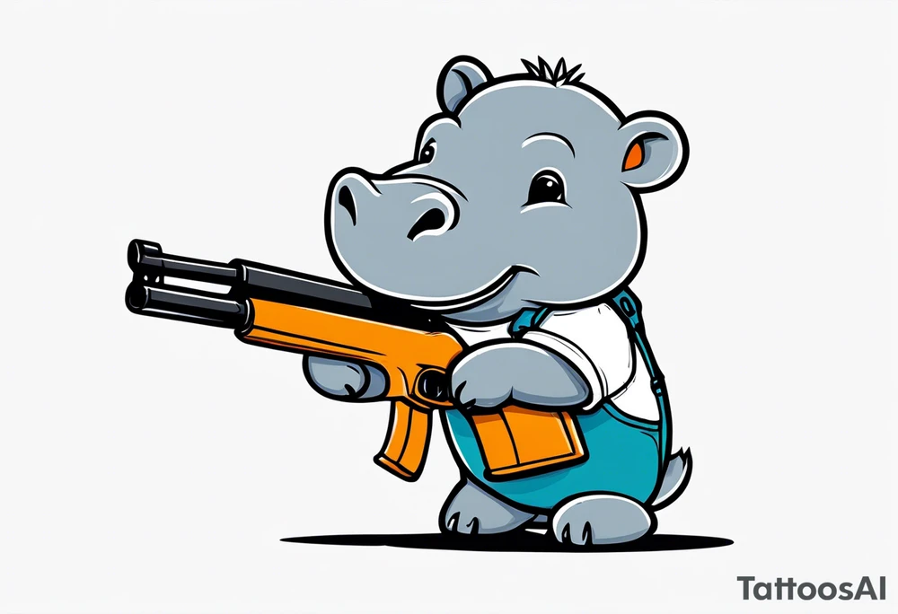 Baby hippo wearing overalls and holding a shotgun tattoo idea