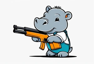 Baby hippo wearing overalls and holding a shotgun tattoo idea
