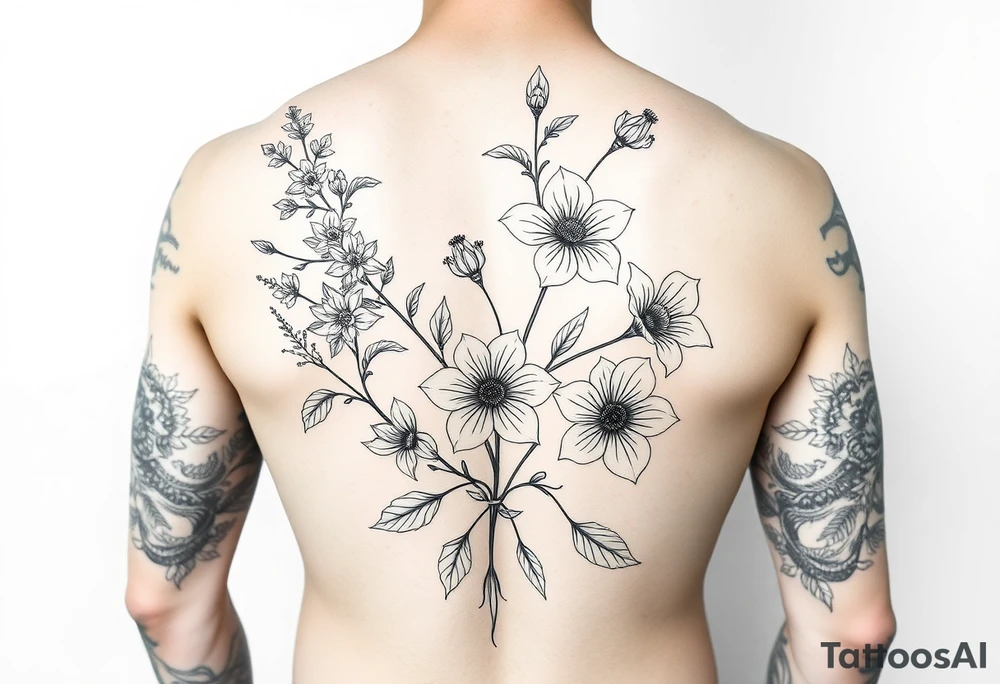 Full sleeve tattoo design of larkspur and hawthorn flowers, highly detailed line art, black ink, elegant botanical style, intertwined composition, no shading, no human mock-up, clean stencil style suitable for tattooing, fit fully within boundaries. LINE ART ONLY tattoo idea