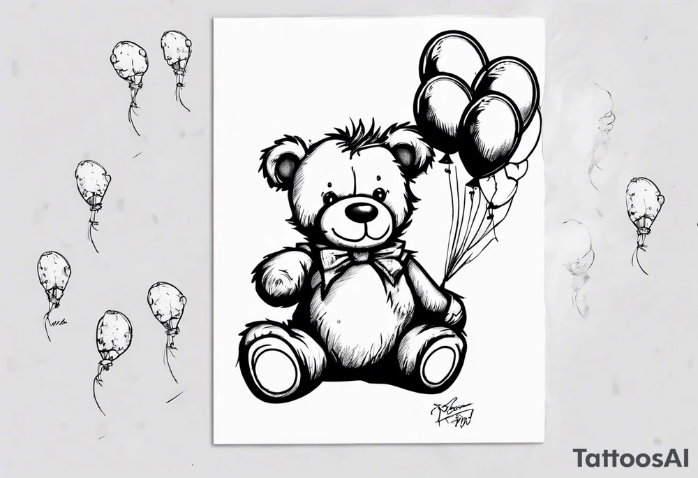 Scruffy teddy bear holding on to balloons and wearing a T-shirt saying ‘dream’ , going up to the sky tattoo idea