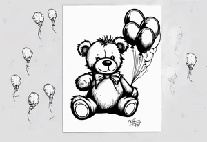Scruffy teddy bear holding on to balloons and wearing a T-shirt saying ‘dream’ , going up to the sky tattoo idea
