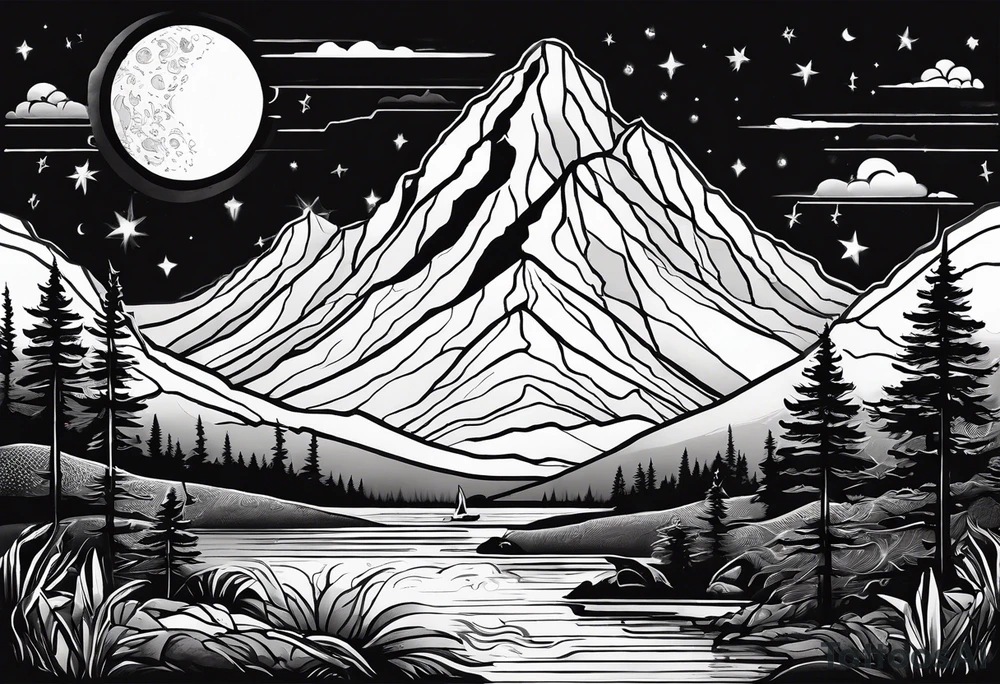 nature with mountains, waterfall, water, and a family of three in the background and and moon/sun in the sky with stars tattoo idea